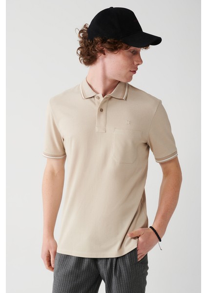 Erkek Bej Kıvrılmaz Yaka Cepli 2 Düğmeli Polo Yaka T-Shirt E001031