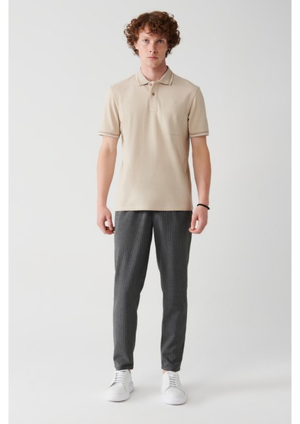 Erkek Bej Kıvrılmaz Yaka Cepli 2 Düğmeli Polo Yaka T-Shirt E001031
