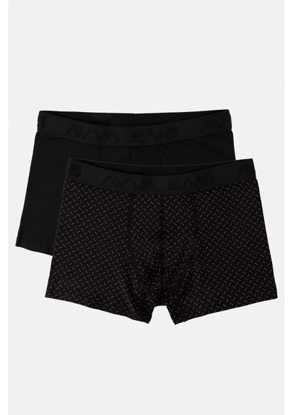 Erkek Siyah 2'li Boxer Desenli/düz Esnek Pamuklu Kutulu A31y9503