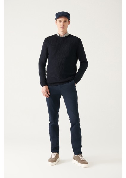Erkek Lacivert Esnek Chino Kanvas Slim Fit Pantolon B003002