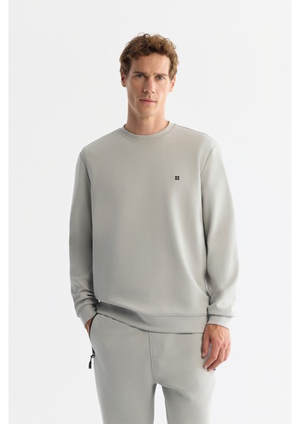Erkek Gri Bisiklet Yaka Esnek Yumuşak Doku Interlok Kumaş Sweatshirt B001100