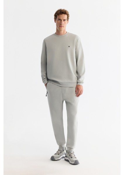 Erkek Gri Bisiklet Yaka Esnek Yumuşak Doku Interlok Kumaş Sweatshirt B001100