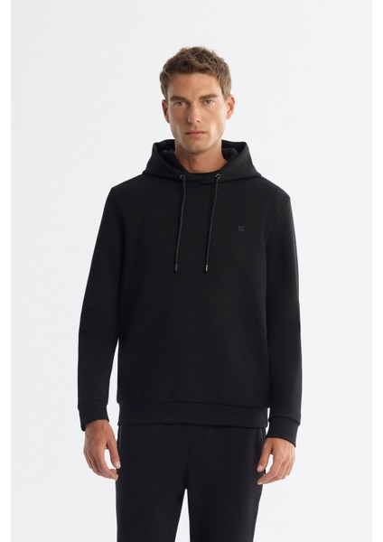 Erkek Siyah Kapüşonlu Esnek Yumuşak Doku Interlok Kumaş Sweatshirt B001101