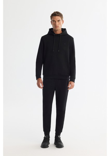 Erkek Siyah Kapüşonlu Esnek Yumuşak Doku Interlok Kumaş Sweatshirt B001101