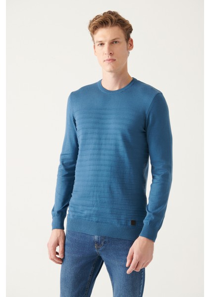 Erkek Indigo Bisiklet Yaka Pamuklu Triko Kazak A22y5074