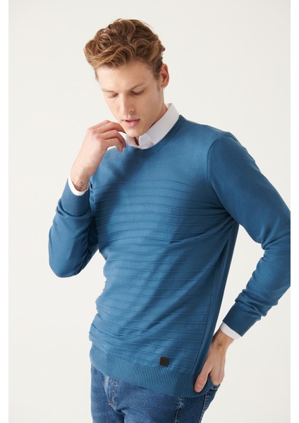 Erkek Indigo Bisiklet Yaka Pamuklu Triko Kazak A22y5074