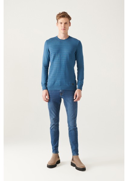 Erkek Indigo Bisiklet Yaka Pamuklu Triko Kazak A22y5074