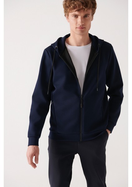 Erkek Lacivert Kapüşonlu İnterlok Kumaş Fermuarlı Basic Regular Fit Sweatshirt B001102 fırsatları
