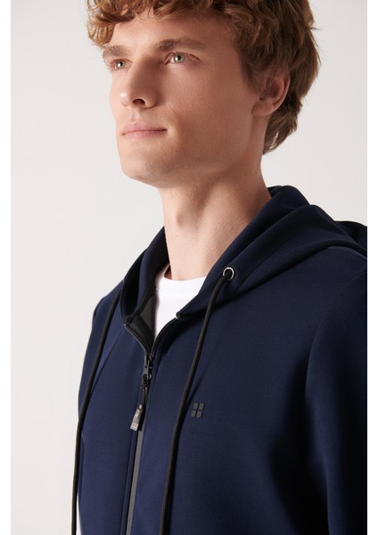 Erkek Lacivert Kapüşonlu İnterlok Kumaş Fermuarlı Basic Regular Fit Sweatshirt B001102
