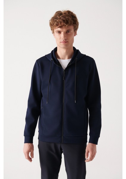 Erkek Lacivert Kapüşonlu İnterlok Kumaş Fermuarlı Basic Regular Fit Sweatshirt B001102