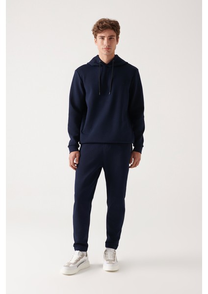 Erkek Lacivert Beli Lastikli Bağcıklı Bi-Stretch İnterlok Regular Fit Eşofman Altı B003400