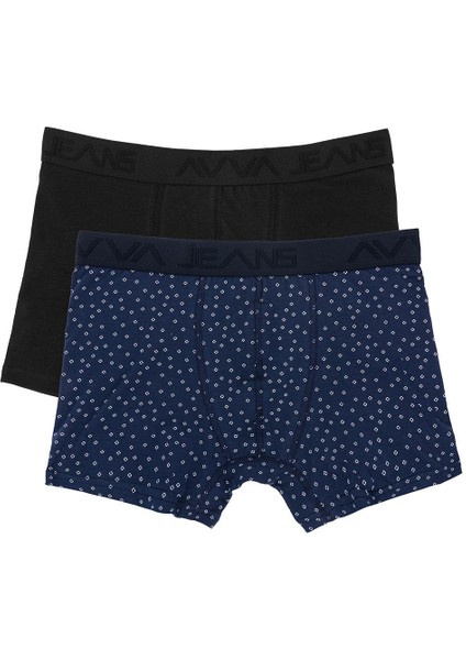 Erkek Siyah-Lacivert 2'li Boxer Desenli/Düz Esnek Pamuklu Kutulu A31Y9500