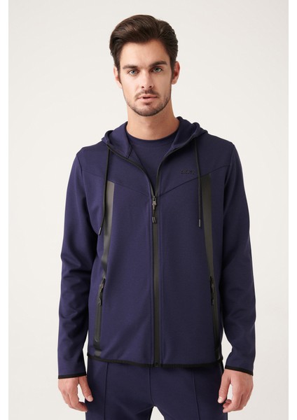 Erkek Lacivert Interlok Kumaş Kapüşonlu Fermuarlı Sweatshirt A31y1202