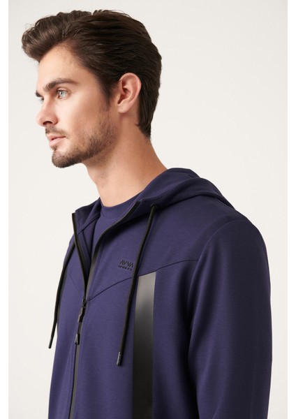 Erkek Lacivert Interlok Kumaş Kapüşonlu Fermuarlı Sweatshirt A31y1202