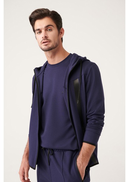 Erkek Lacivert Interlok Kumaş Kapüşonlu Fermuarlı Sweatshirt A31y1202