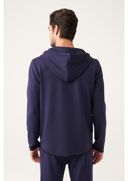 Erkek Lacivert Interlok Kumaş Kapüşonlu Fermuarlı Sweatshirt A31y1202