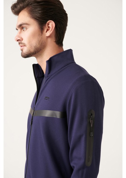Erkek Lacivert İnterlok Kumaş Dik Yaka Baskılı Sweatshirt A31Y1203