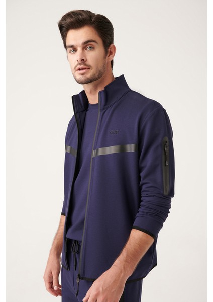 Erkek Lacivert İnterlok Kumaş Dik Yaka Baskılı Sweatshirt A31Y1203