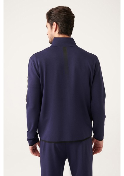Erkek Lacivert İnterlok Kumaş Dik Yaka Baskılı Sweatshirt A31Y1203