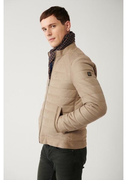 Erkek Bej Dik Yaka Kapitone Elyaflı Ince Mont A32y6097