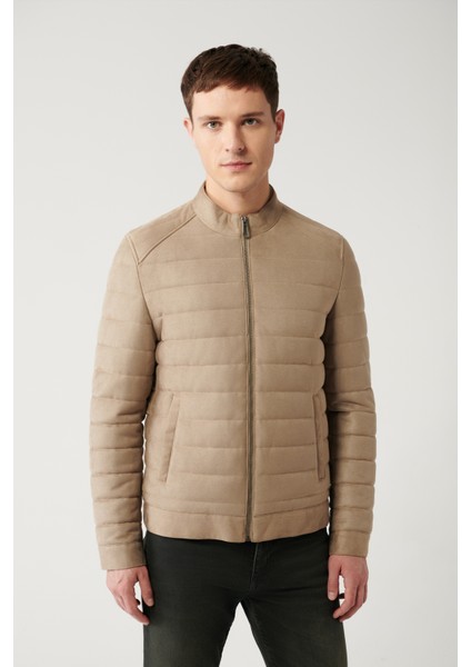 Erkek Bej Dik Yaka Kapitone Elyaflı Ince Mont A32y6097 modelleri