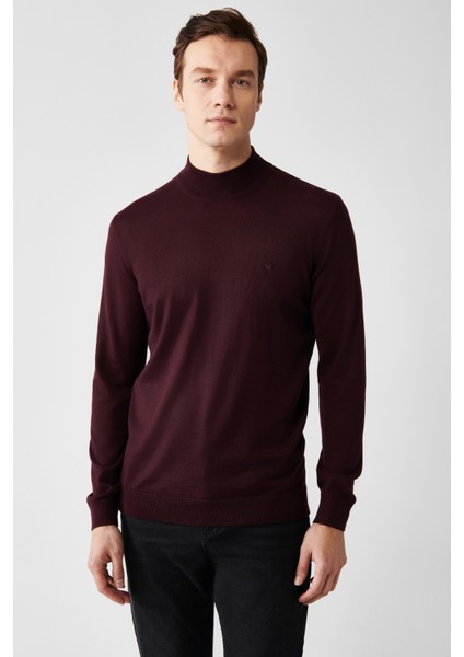 Erkek Bordo Yarım Balıkçı Yaka Yün Karışımlı Triko Kazak B005015
