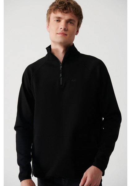Erkek Siyah Interlok Kumaş Yarım Fermuarlı Dik Yaka Sweatshirt A32y1201