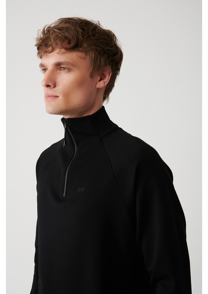 Erkek Siyah Interlok Kumaş Yarım Fermuarlı Dik Yaka Sweatshirt A32y1201