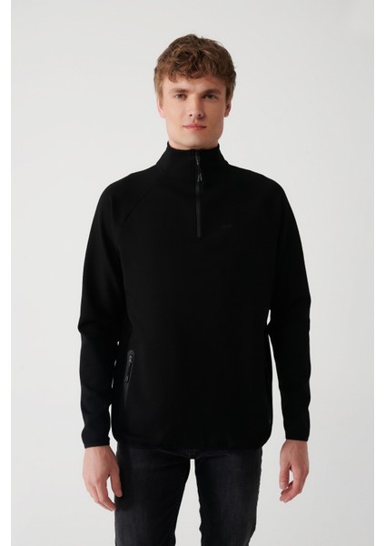 Erkek Siyah Interlok Kumaş Yarım Fermuarlı Dik Yaka Sweatshirt A32y1201