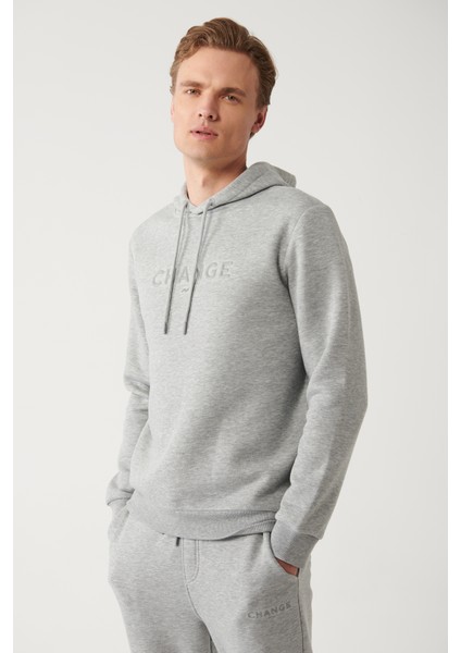 Erkek Gri Kapüşonlu 3 Iplik Şardonlu Baskılı Sweatshirt A32y1240