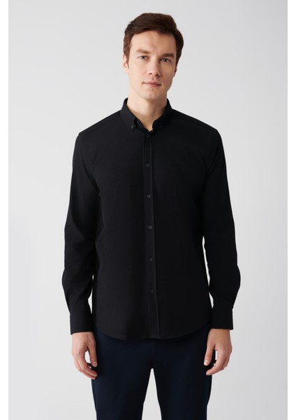 Erkek Siyah Düğmeli Yaka Gofreli Pamuklu Gömlek A32Y2071 modelleri