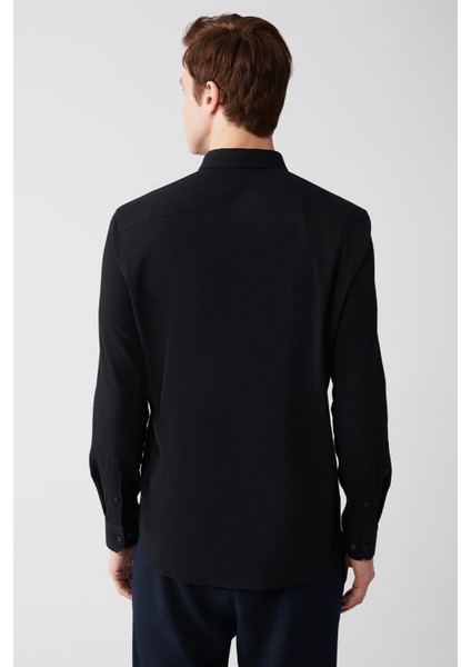 Erkek Siyah Düğmeli Yaka Gofreli Pamuklu Gömlek A32Y2071 fırsatları