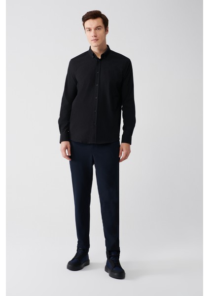 Erkek Siyah Düğmeli Yaka Gofreli Pamuklu Gömlek A32Y2071 indirimleri