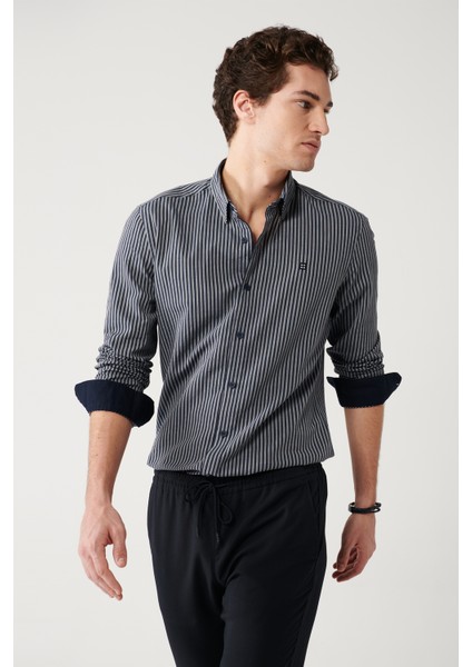Erkek Lacivert %100 Pamuk Çizgili Gömlek A32y2010