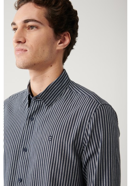 Erkek Lacivert %100 Pamuk Çizgili Gömlek A32y2010 modelleri
