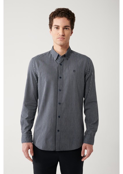 Erkek Lacivert %100 Pamuk Çizgili Gömlek A32y2010 fırsatları
