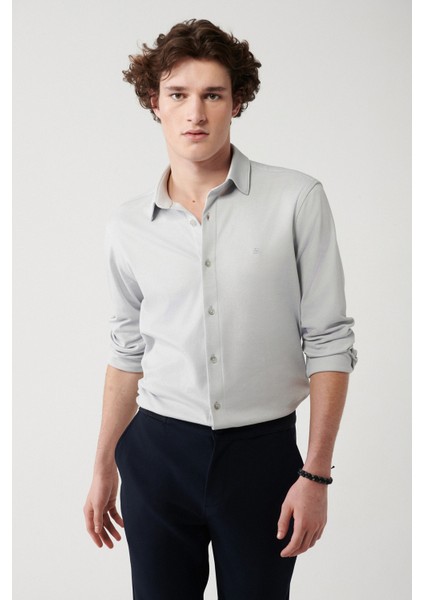 Erkek Gri Kolay Ütülenebilir Klasik Yaka Örme Gömlek A32y2122