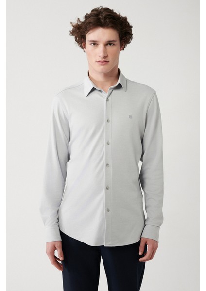 Erkek Gri Kolay Ütülenebilir Klasik Yaka Örme Gömlek A32y2122 modelleri