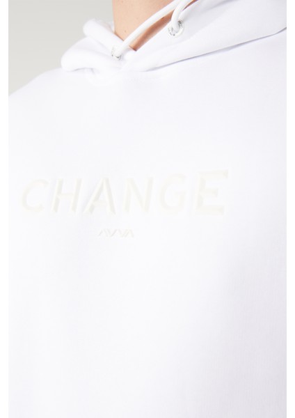 Erkek Beyaz Kapüşonlu 3 İplik Şardonlu Baskılı Sweatshirt A32Y1240