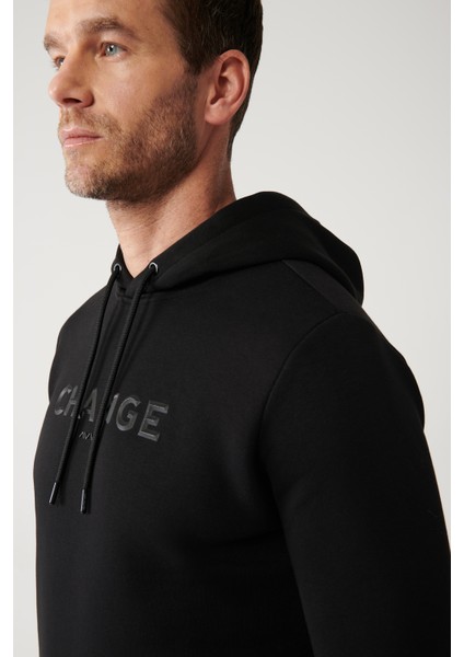 Erkek Siyah Kapüşonlu 3 Iplik Şardonlu Baskılı Sweatshirt A32y1240