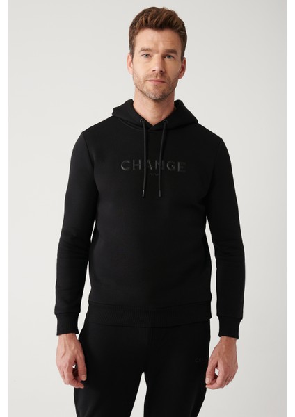 Erkek Siyah Kapüşonlu 3 Iplik Şardonlu Baskılı Sweatshirt A32y1240