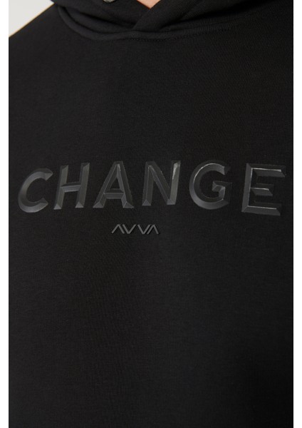 Erkek Siyah Kapüşonlu 3 Iplik Şardonlu Baskılı Sweatshirt A32y1240