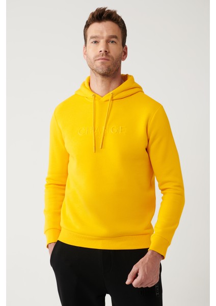 Erkek Sarı Kapüşonlu 3 İplik Şardonlu Baskılı Sweatshirt A32Y1240