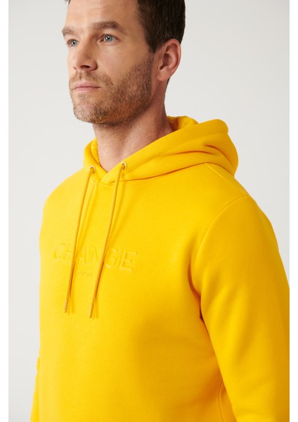 Erkek Sarı Kapüşonlu 3 İplik Şardonlu Baskılı Sweatshirt A32Y1240