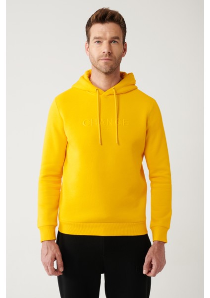 Erkek Sarı Kapüşonlu 3 İplik Şardonlu Baskılı Sweatshirt A32Y1240
