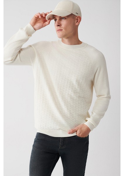 Erkek Ekru Bisiklet Yaka Reglan Kol Triko Kazak A32y5155