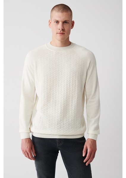 Erkek Ekru Bisiklet Yaka Reglan Kol Triko Kazak A32y5155