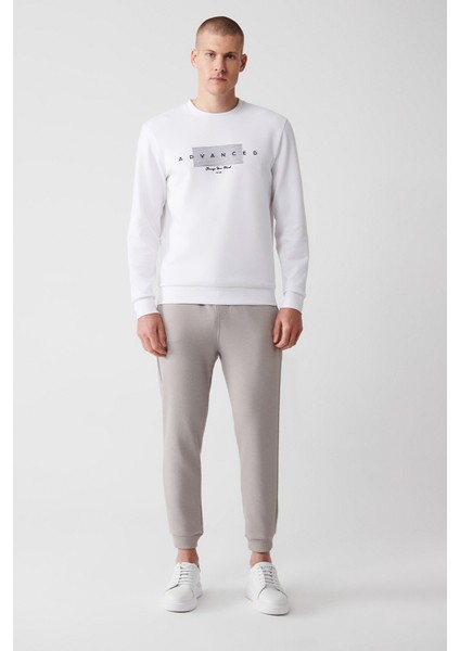 Erkek Beyaz Sweatshirt Interlok Kumaş Bisiklet Yaka Baskılı Regular Fit A32y1371 indirimleri