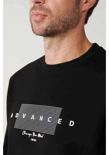 Erkek Siyah Sweatshirt Interlok Kumaş Bisiklet Yaka Baskılı Regular Fit A32y1371 fiyatları