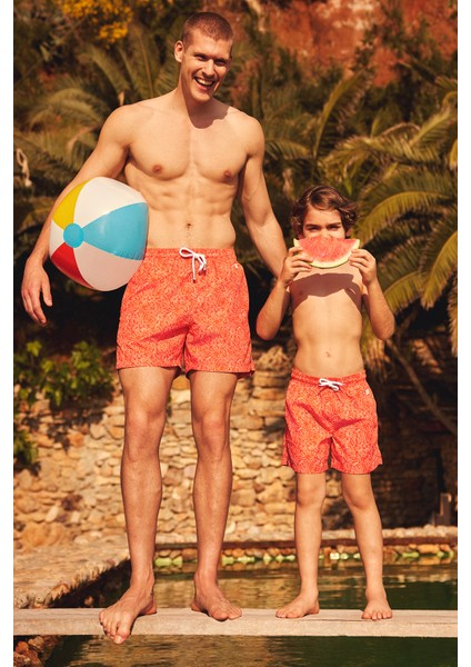 Turuncu Hızlı Kuruyan Çiçek Baskılı Standart Boy Özel Kutulu Comfort Fit Mayo Deniz Şortu